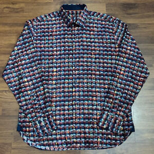 Visconti Black Button Down Shirt Multi Colored Checked Geometric Size Large